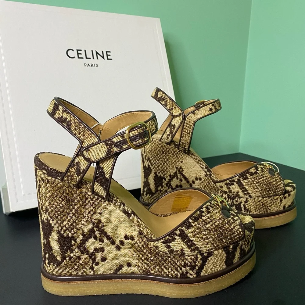 CELINE Jacquard Printed Wedge Sandals - Picture 1 of 15